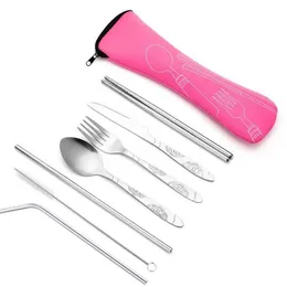 7pcs Set Dinnerware Portable Printed Stainless Steel Spoon Fork Steak Knife Sets Travel Cutlery Tableware with Bag Outdoor portable tablewares RRA