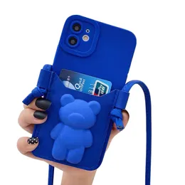 Blå 3D Bear Mobiltelefonfodral För IPhone Apple 14 Plus Pro Max 13 12 11 XR Baksida Mobiltelefonfodral Lyxigt tecknat kort Fickrem Crossbody plånbok Ej gulnar