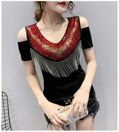 Women's T Shirts Hollow Out Shoulder Rhinestones Women Sexy Shiny Bling Gemstones Tees Swoman Tassels Tops