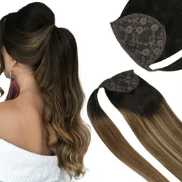 Balayage Human Hair Ponytail Virgin Brazilian Rap round Ponytail Extensionsのクリップ