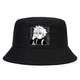 Chapéus de aba larga caçadores x caçador de chapéu impresso homens homens panamá caçamba tampa do design viseira plana zoldyck hitoka 90s Anime Fisherman Hat R230308