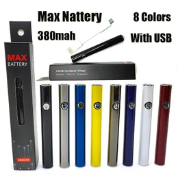 8 цветов Максимальный батарея предварительно нагреть VV 380MAH Аккумуляторы с переменным напряжением с Micro USB -зарядным устройством FIT CE3 G2 Amigo Liberty Cartridges