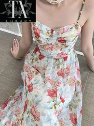 Lässige Kleider 2023 Sommer Frauen Kleid Blumendruck Sexy Schlinge Französisch Slim Ärmellos Festival Ästhetische Strandparty Midi Vestidos Dame