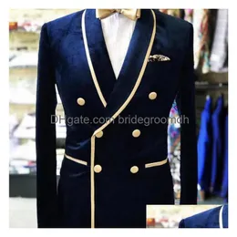 Tuxedos Navy Blue Double Groom Shawl Lapel Veet Suits Men Party Blazer Prom Business Designer Jacket solo una pieza Dh1bh