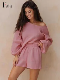 Kadınların Trailtsits Kadınlar Sıradan Takip Yaz Gevşek Şortları Set Katı Uzun Kollu Üstler ve Mini Şort Takım 2022 Lounge Wear Two Piece Set L230309