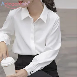 Camisas de blusas femininas AELEGANTMIS Escritório macio Lady White Shirt For Women Blush Gollar para baixo da mulher Blusa coberta Button Design Femme Tops 230309