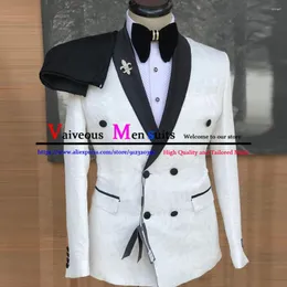 Herrenanzüge Elfenbeinfarbenes Jacquardmuster Herren Slim Fit Herren Hochzeitsanzug Smoking 2-teilig Schwarz Revers Bräutigam Partykleid Traje De Novio