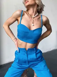Women's Tracksuits Fashion Office Lady Pants Suits 2 Pieces 2022 Summer Female Blue Sexy Camisole Crop Top High Waist Pencil Pants Trousers Suit L230309