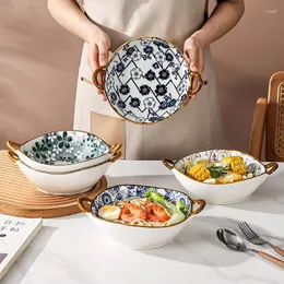 Bowls 2PCS 7.5in Noodle Bowl Ceramic Soup With Handle Hand Painted Salad Pasta Kitchen Tableware Microwave Oven Bakware