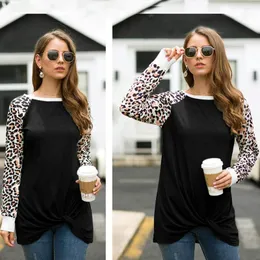 Kvinnors T -skjortor Spring Women Lose Casual Long Sleeve Shirt Vintage Leopard Print Twist Knot Topps Black Fashion Simple Basic Tunics
