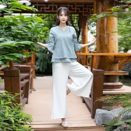 Active Set Women Yoga Set Chinese Traditional Meditation Tai Chi Uniformer Linen Wide Leg Pants Shirts Martial Arts Casual Wear