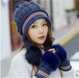 Beanies Beanie/Skull Caps Two-Piece Hat and Gloves Women Outdoor Cycling Keep暖かい弾力性ヒョウのフリース厚い耳の保護キャップ