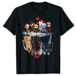 Herr t-shirts söta skräckfilm chibi karaktär vatten reflektion halloween t-shirt grafiska tees överdimensionerade t-shirt grafisk present g230309