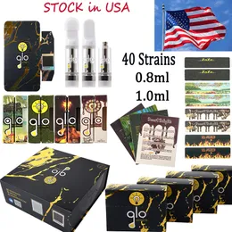 USA Stock New GLO Cartridges Zerstäuber 0,8 ml 1,0 ml leere Vape-Patronenverpackung E-Zigarettenwagen dickes Öl Dab Pen Vaporizer 40 Sorten