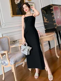 Abiti casual Estate Donna Maxi Abito Sexy Elegante Conciso Solido Slip nero Cinturino regolabile Senza maniche Fessura senza schienale Veste Femme Party