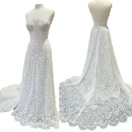 Boho Lace Wedding Dress 2023 Öppna tillbaka A-Line Vestidos de Novia Beach Garden Castle Chapel Robe de Mariee Chapel Long Train Bohemian Spaghetti V-ring