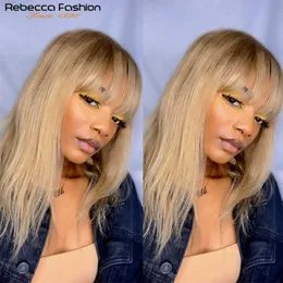 Perucas Sintéticas Rebecca Straight Wig Blonde with Bangs Brazilian Remy Human Hair s for Women Short Hiar Cheap Cosplay 230227