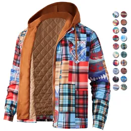 남자 재킷 남성 가을 겨울 재킷하라 주쿠 격자 무늬 후드 지퍼 지퍼 긴 소매 기본 캐주얼 셔츠 재킷 유럽계 미국인 크기 S-5XL 230309