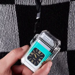 Raffreddare accendini impermeabili colorati antivento ricarica USB doppio accendino ad arco orologio portatile ciondolo corda sigaretta tabacco portasigari