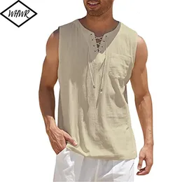 Camisas casuais de homens tampos de verão tampas de linho de algodão sem mangas de rua