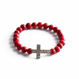 Bracelet croix brin pierre naturelle corde élastique rouge/vert/jaune oeil de tigre perlé femmes croyant bijoux brins cadeaux