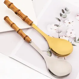 Conjuntos de utensílios de jantar drmfiy colher grande aço inoxidável talheres natural bambu alça de ouro porerções de cozinha conjunto de tableware