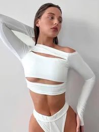 Koszule damskie seksowne wycięcie T-shirt z długim rękawem Kobieta Skaja kołnierz biały szczupły uprawa Top 2023 Spring Streetwear Night Club Chi Tee Ubranie