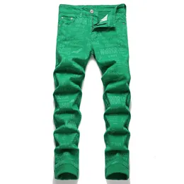 Herr jeans män grön digital tryckt y2k bokstäver slogan örn mönster byxor streetwear smal avsmalnande stretch denim byxor 230309