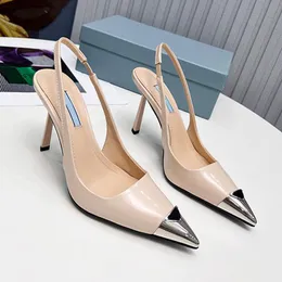 Luxusmarken-Sandale für Damen, High Heels, Damensandalen, gebürstete Slingback-Slingback-Pumps aus Lackleder, 70 mm spitzer Zehenbereich, Slingback-Pumps in Schwarz, Weiß, Nude-Box