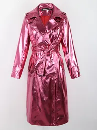 여성용 재킷 Nerazzurri Spring 가을 가을 긴 반짝이는 반사 반사용 특허 가죽 트렌치 코트 새시 더블 가슴 유럽 패션 230310