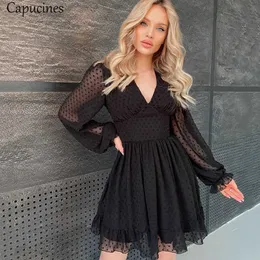 Casual Kleider Capucines Sexy Tiefem V-ausschnitt Swiss Dot Chiffon Kleid Sommer Frauen Rüschen Trim Laterne Hülse A-linie Mini vestidos 2021 Y2302