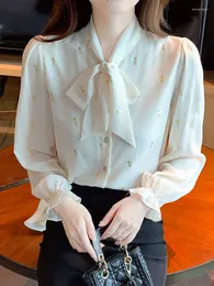 Women's Blouses QOERLIN Long Sleeve Blouse Women Shirts Elegant Tops Stylish Bow Flare Single-Breasted Office Ladies Clothing 2023