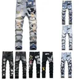 i am Mens jeans Ripped Embroidery Pentagram Patchwork For Trend Brand Motorcycle Pant Mens Skinny