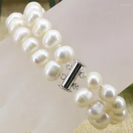 Strand Charms White Natural 8-9mm Pearl Nearround Beads 2 Rows Bracelets Bangle For Women Original Design Jewelry 7.5inch B3178