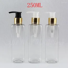 Storage Bottles 250ML Transparent Square Plastic Bottle With Gold Lotion Pump 250CC Shower Gel / Packaging Makeup Sub-bottling