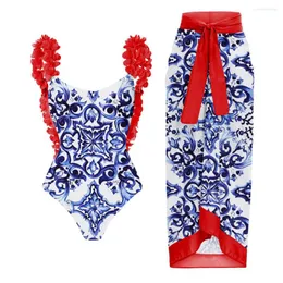 Kadın Mayo Vintage Kadınlar Tek Parça Mayo 3D Çiçek Bikini Backless Bodysuit Plaj Cover Up Elbise Mayo Yaz Beachwear