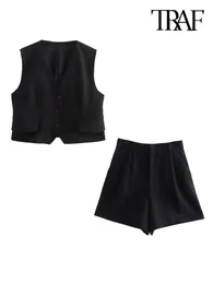 Pantalones de dos piezas para Mujer TRAF, chaleco con botones delanteros a la moda para Mujer y Bermudas de cintura alta, conjuntos de dos piezas para Mujer 230310