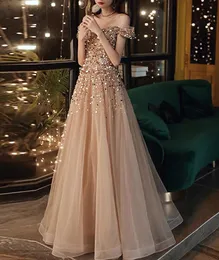 Sexig Champagne Gold Evening Dresses A-Line Off Shoulder Luxury Sequins Beading Floor-Lengen Long Boat Neck Formal Guests Party Prom Gowns 2023