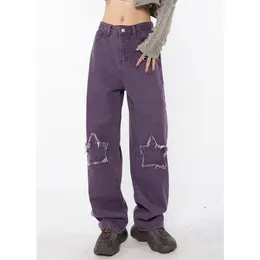 Женские джинсы Винтажные фиолетовые высокие талию женские джинсы звезды американская модная уличная одежда широкая нога Жан женская джинсовая брюка с прямой мешковатыми брюками 230310