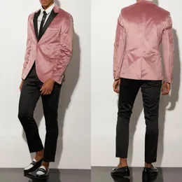 Ternos masculinos de veludo rosa 2 peças Blazer calças pretas um botão Lappel Modern Wedding Groom Festa formal Party Causal personalizado