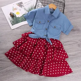 Девушка платья 2023 Princess Girls Summer Soft Shifon Set Baby Kids Denim Jacket Dot Survest Dress Комплект одежды на 3-12 лет