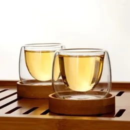 Wine Glasses Transparent Double Clear Cup Teacup With Bamboo Tray Set Anti- Tasse Cafe Coffee Cups Home Kitchen Tools For Tea