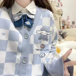 Women's Knits Tees Japanese Oversized Kawaii Cartoon Embroidery Cardigan Women Jk Uniform Checkerboard Sweater Coat Autumn Loose Y2k Knitted 230310