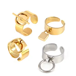 Ring i rostfritt stål Guldfärg bred ring med cirkelringar Kedjering för kvinnor Punk runda geometriska öppna fingerringar smycken