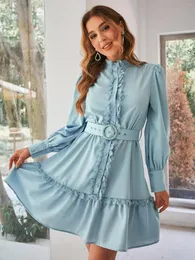 Casual Dresses Simple Autumn Ruffle Belt Blue Elegant Women Dress Frills Puff Sleeve Buttons Office Wedding Guest Party Mini Vestido