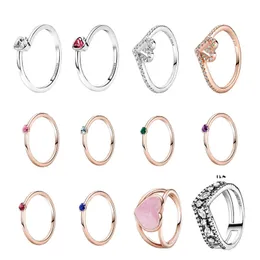 925 funtów srebrny nowy urok mody dla Pandora 2023 Rose Gold Single Stone Pierścień Inkrustowany z miłosnym sercem pierścieniem