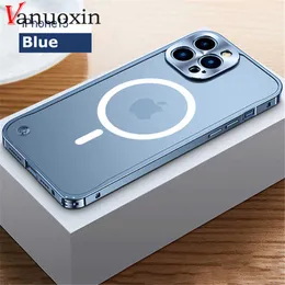 Cell Phone Cases Metal Magnetic Case For i 12 13 14 Pro Max 14plus Magsafe Wireless Charging Aluminium Frosted translucent Covers W0224