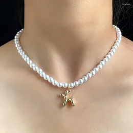 Girocollo Elegante collana di perline con cucciolo di colore oro bianco perla per donna Cartoon Dog Simple Femme Wedding Party gioielli estetici