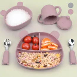 Ciotole 5 pezzi Set per l'alimentazione del bambino con ciotola/piatto/tazza/cucchiaio/stoviglie per bambini in silicone di grado popolare antiscivolo autoalimentato