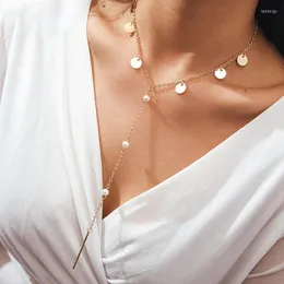 Choker Bohemia Pearl Bar Sequins Charm Chokers Necklace For Women Girls Gothic Gold Alloy Chain Necklaces Jewelry Collar 9198